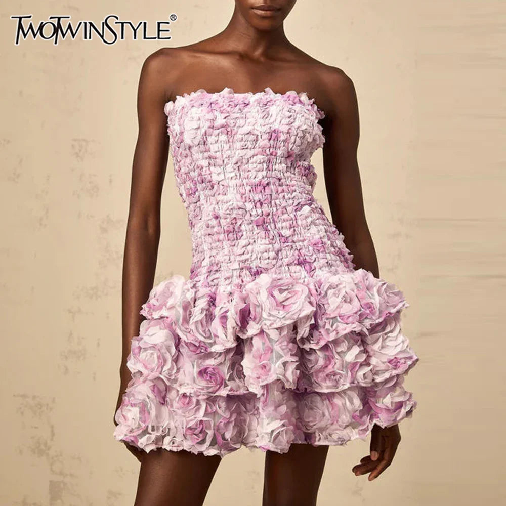 Vestidos temperamentais da moda com blocos de cores para mulheres, sem alças, sem mangas, patchwork, flores 3D, roupa feminina