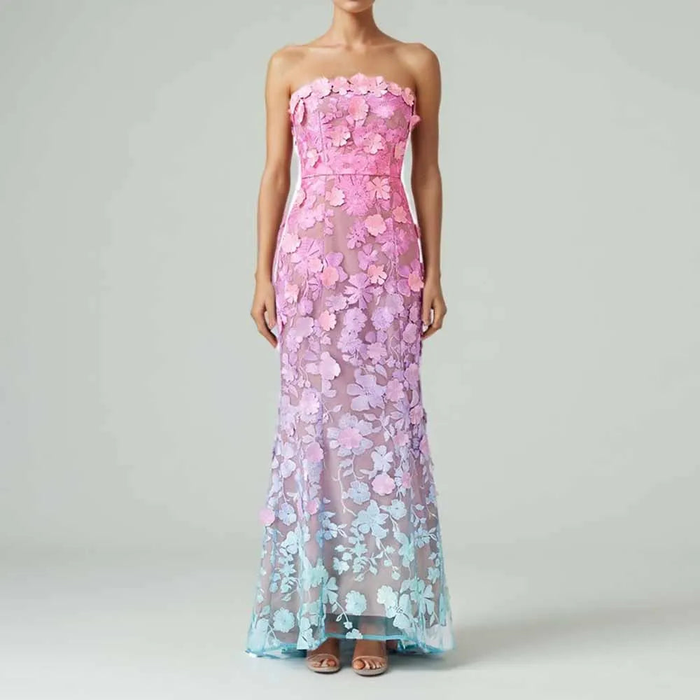 TWOTWINSTYLE Colorblock Spliced Appliques Elegant Dresses for Women Strapless Sleeveless Gradient Dress Female Fashion Clothing