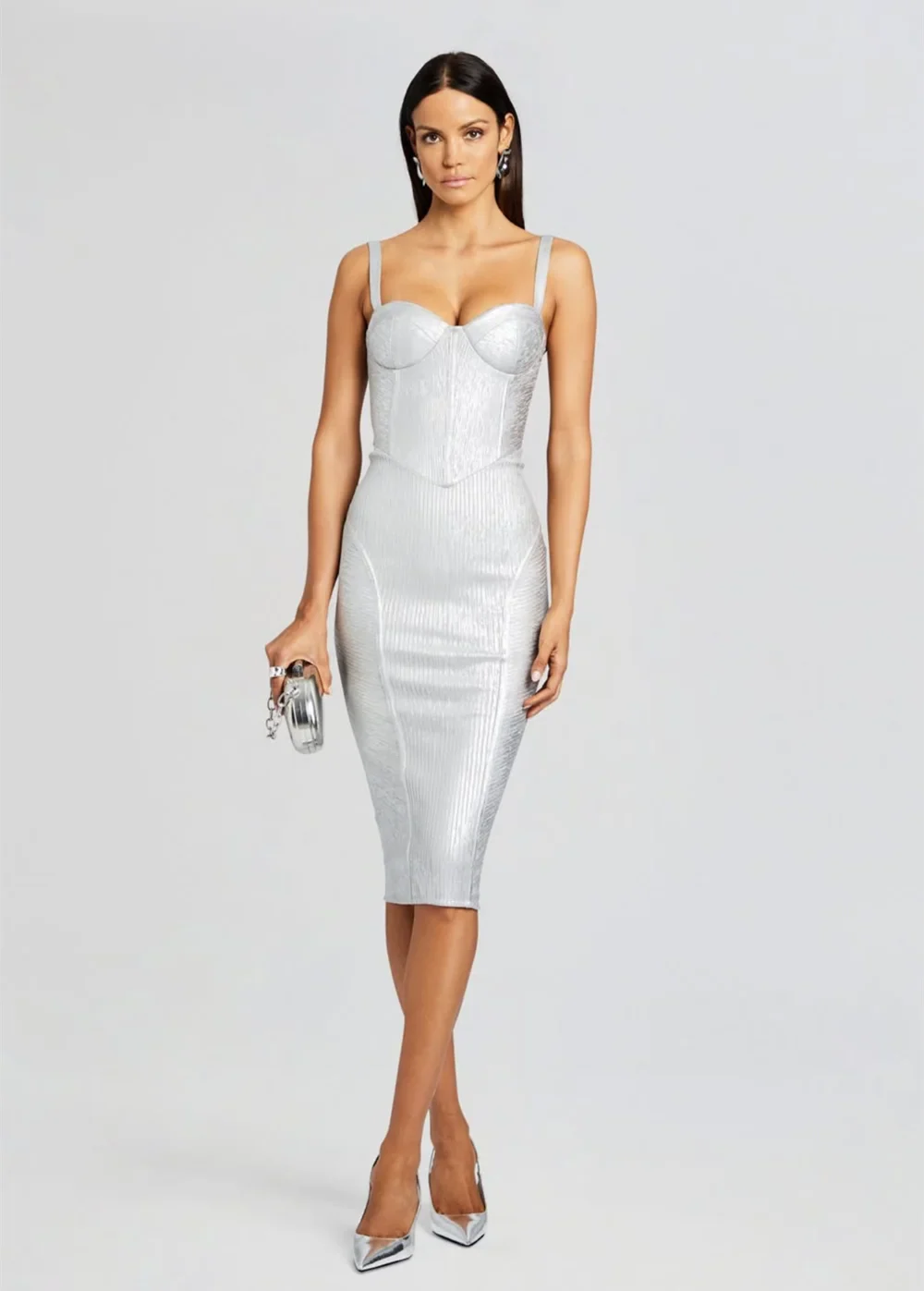 Foil Silver Color Women Sleeveless Sexy Strap Square Collar Bodycon Midi Bandage Dress Celebrate Nightclub Party Dress Vestido
