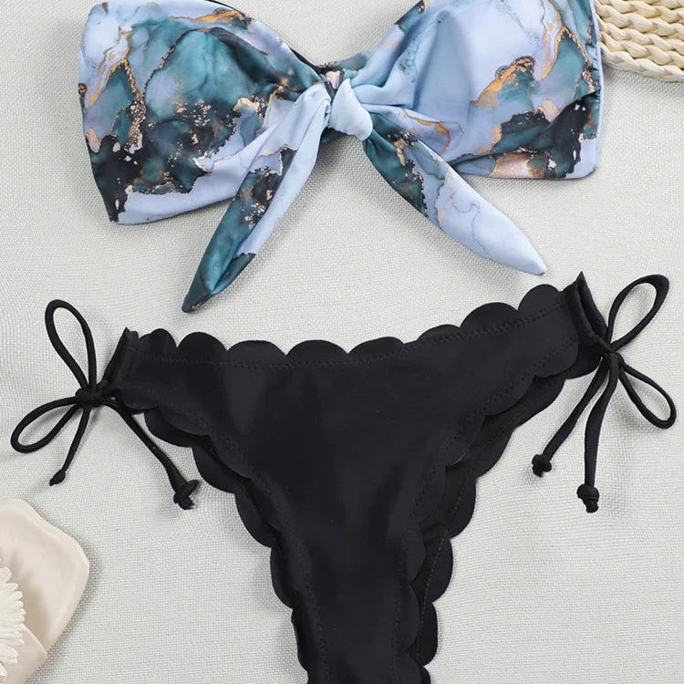 Sexy Scalloped Marble Print Bikini Women Bandeau Swimwear Female Swimsuit Two-pieces Bikini set Knotted Bather Bathing Suit Swim B582Marble