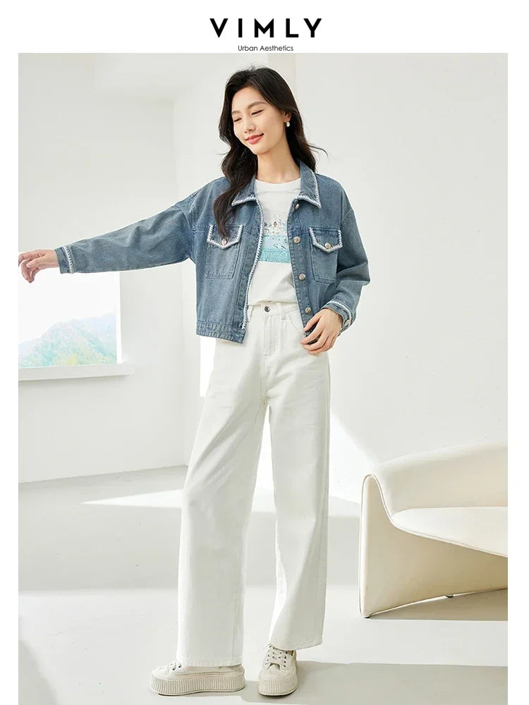 Vintage Lapel Long Sleeve Jean Jacket for Women Autumn Casual Straight Loose Denim Jackets Fall Female Clothing