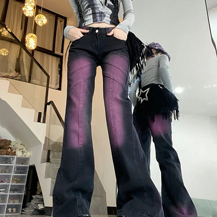 Tie Dye Y2K Jeans for Women Fashion High Waisted Casual Denim Pants Vintage Streetwear Slim Flare Denim Pants