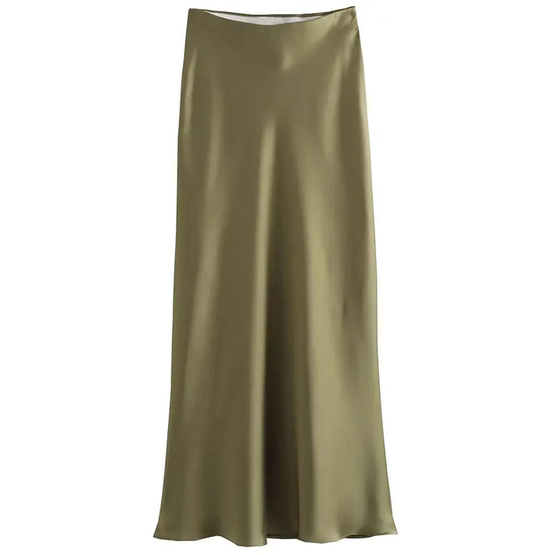 TRAFZA Women Fashion Skirts New Solid Satin Silk Texture Tight Skirt Woman Beach Style Chic And Elegant Women's Mermaid Skirt tea green