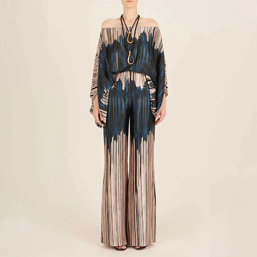 Women Fashion Hollow Off Shoulder Tops With Long Pants Office Lady 2 Piece Sets New Casual Wide Leg Pants Suits Brown-gradient