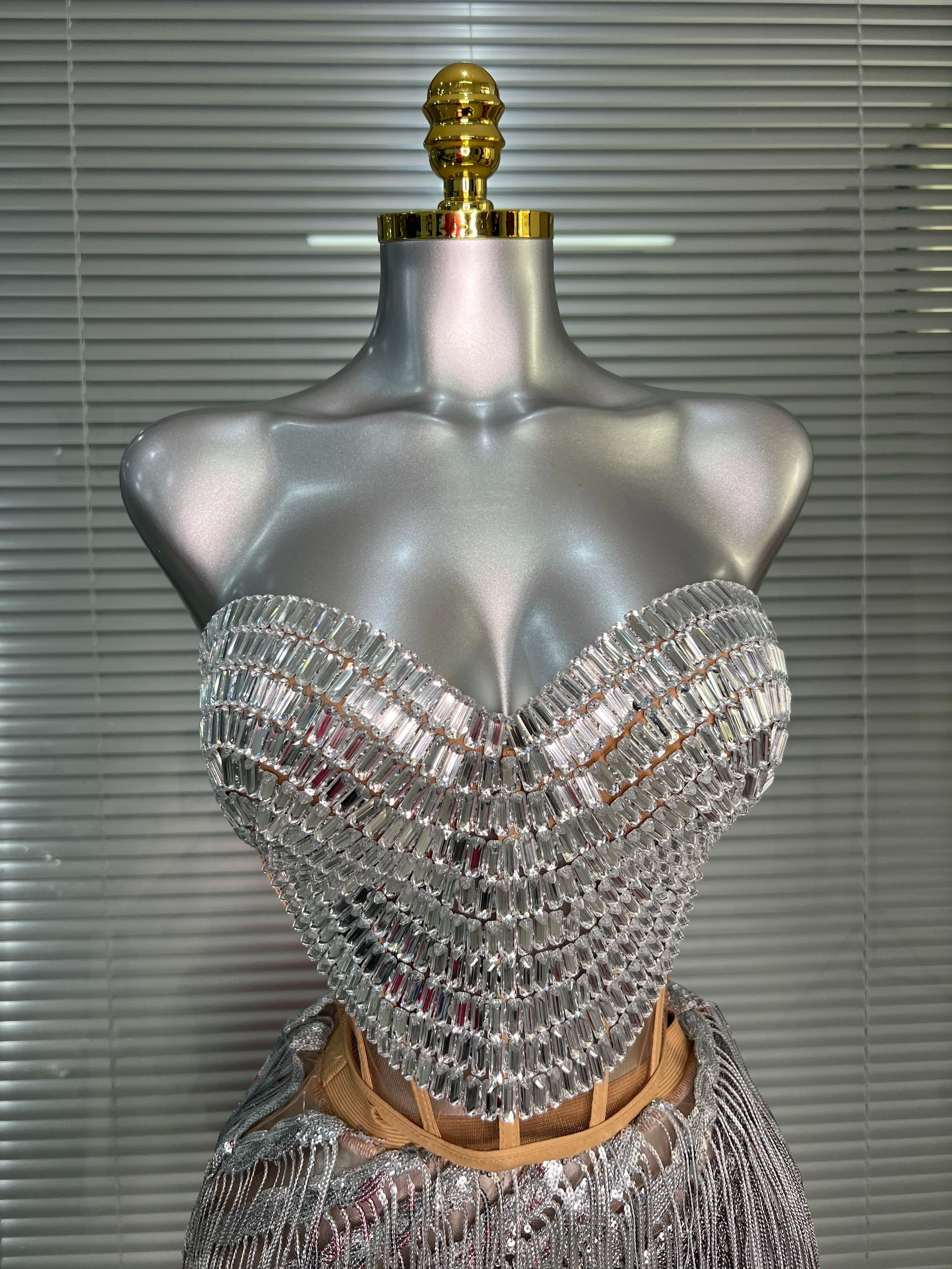 Women Sexy Two Pieces Set Women Silver Tassel Crystal Diamond Night Club Adjustable Skirt Suits Singer Dancer Stage Costume