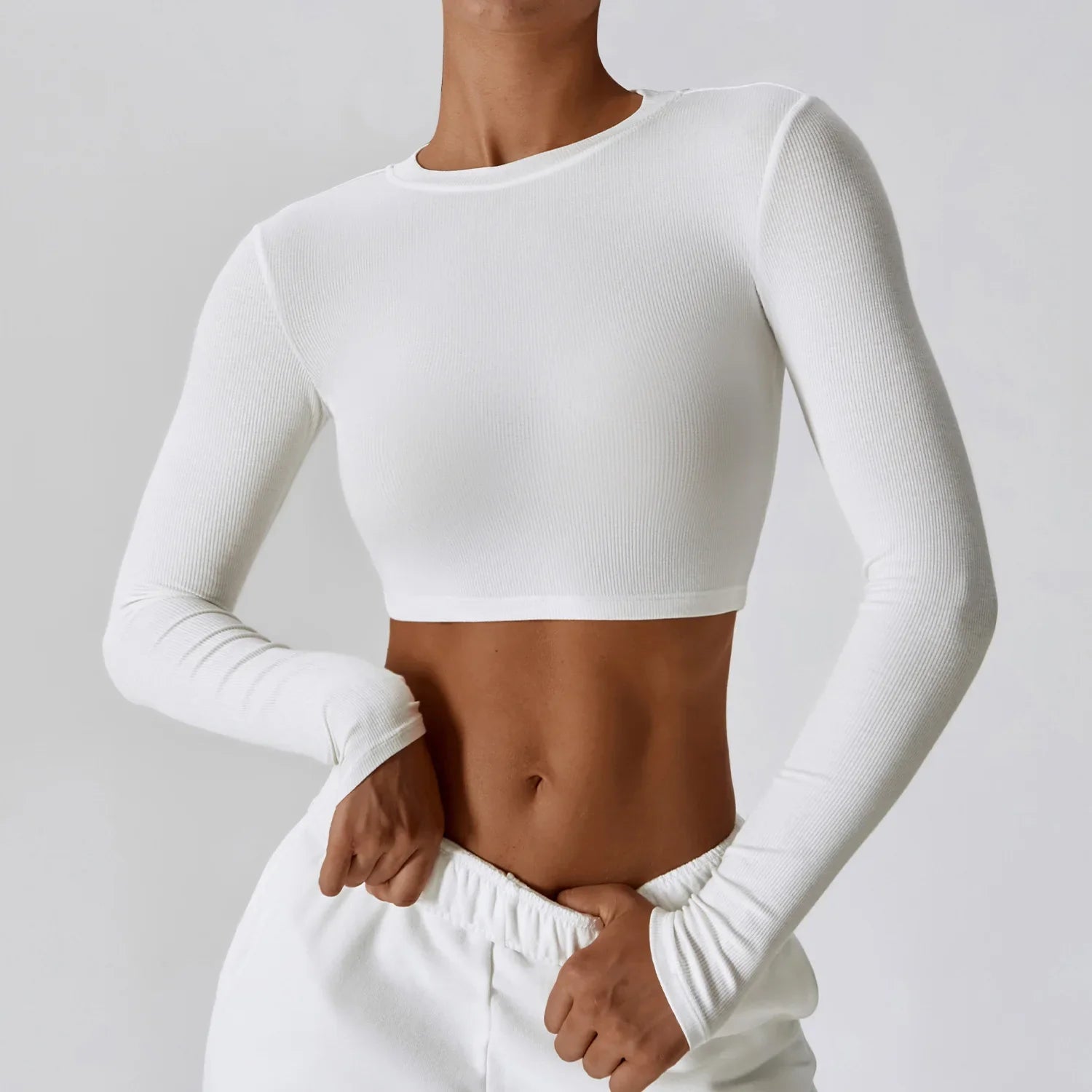 Crop Tops Women Yoga T-shirts Solid Sports Top Long Sleeve Running Shirts Sexy Exposed Navel Quick Dry Fitness Gym Workout Tops Swan White CHINA