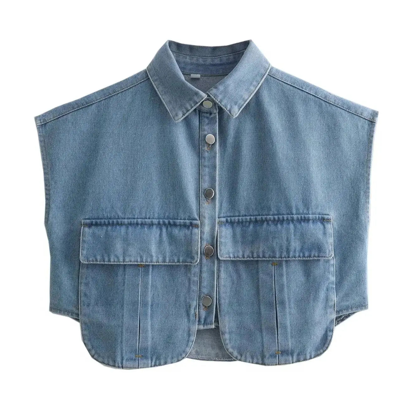 XNWMNZ Women Fashion Pockets Cropped Denim Shirts Sexy Sleeveless Button-up Female Blouses Blusas Chic Top picture colour 1