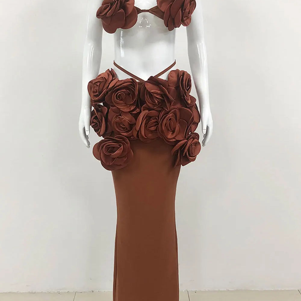 Sexy Women'S Three-Dimensional Flower Bandage Long Dress Set Spaghetti Strap Sleeveless Ultra Short Vest + Skirt Two-Piece Set