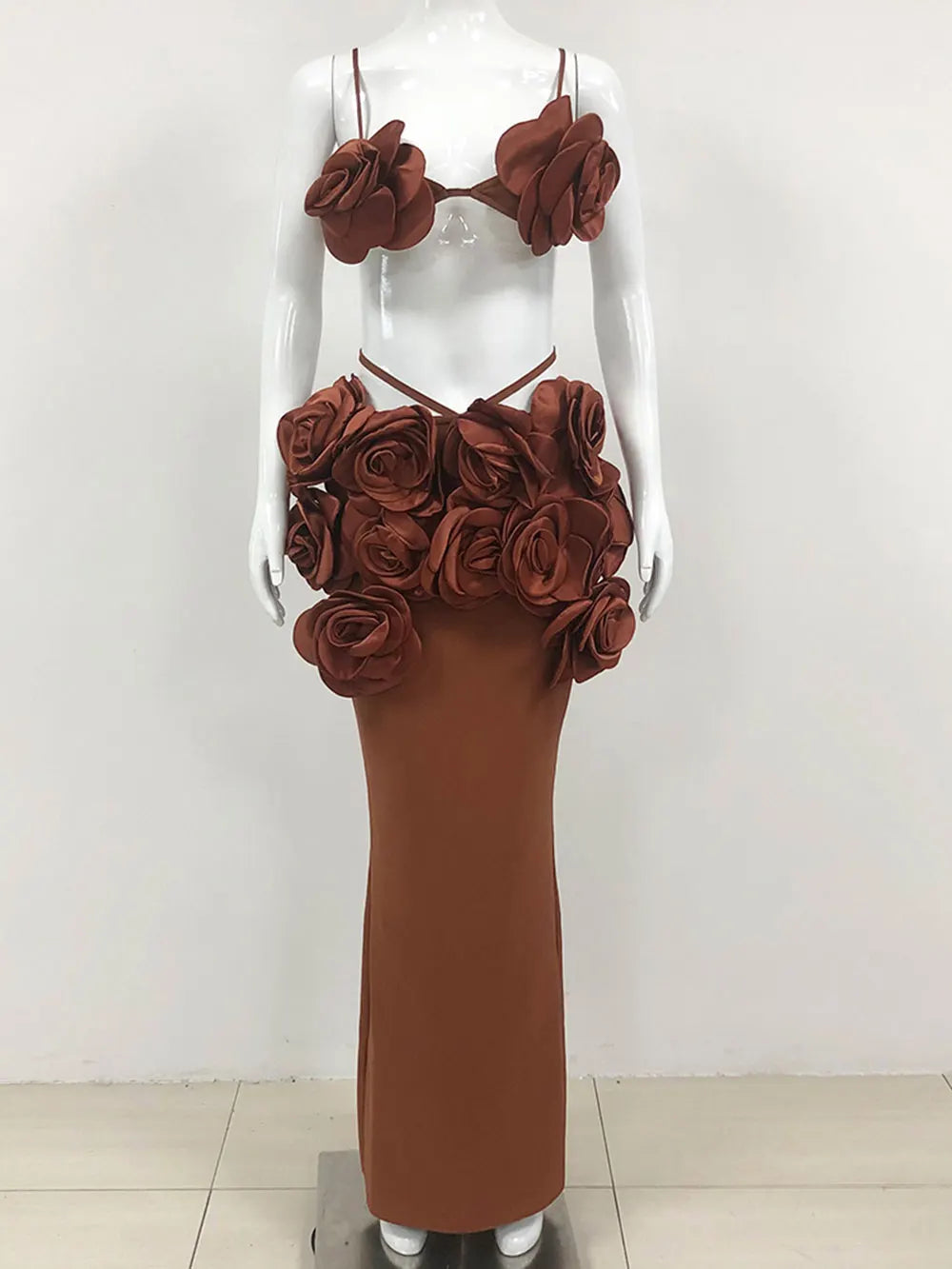 Sexy Women'S Three-Dimensional Flower Bandage Long Dress Set Spaghetti Strap Sleeveless Ultra Short Vest + Skirt Two-Piece Set