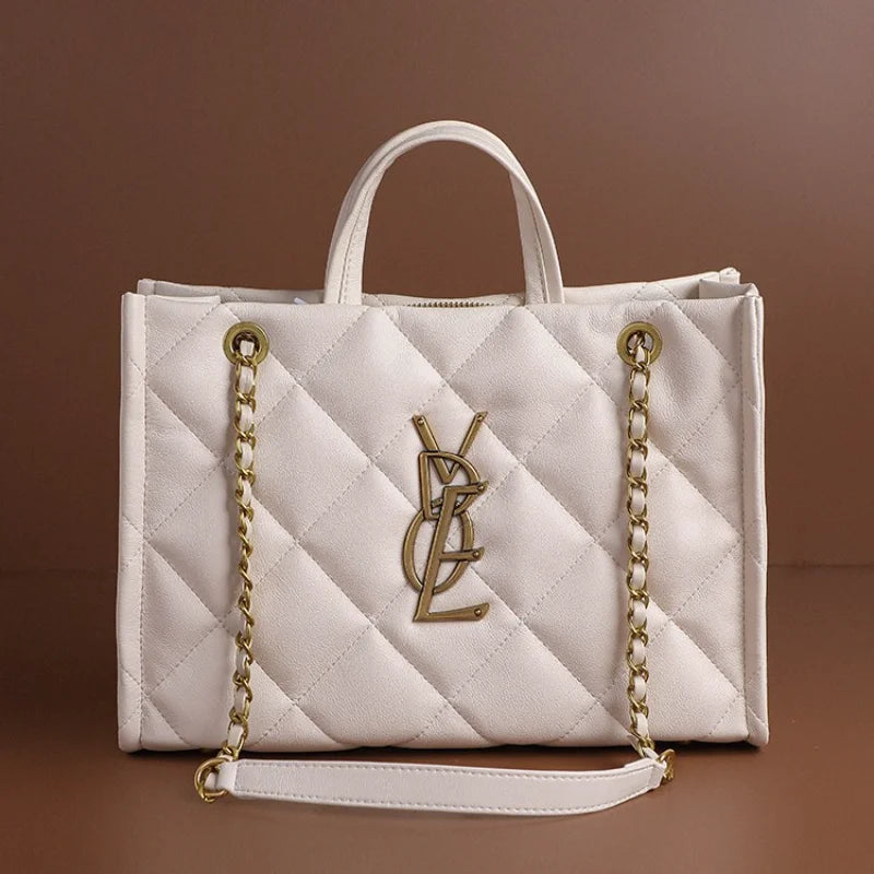 2026 New Women Genuine Leather Quilted Chain Tote Bag, Large Capacity Crossbody Sling Chic Shoulder Purse for Work and Travel