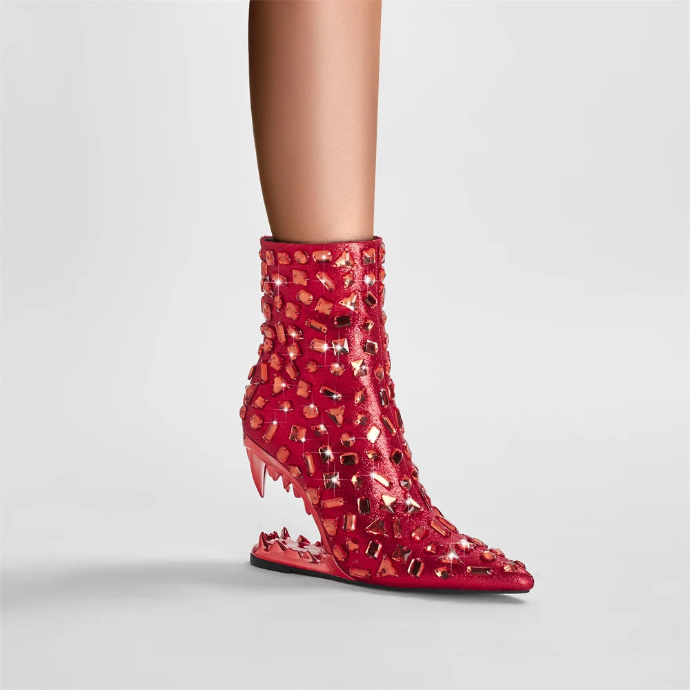 European and American Light Luxury Water Diamond Shaped Tiger Teeth High Heel Boots Women's Sexy Side Zipper Short Boots red