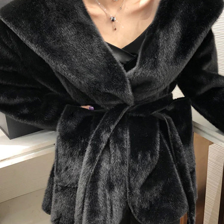 Winter Black Warm Oversized Faux Fur Cardigan Women Drop Shoulder Long Sleeve Sashes Loose Stylish Korean Fashion 2021 Black