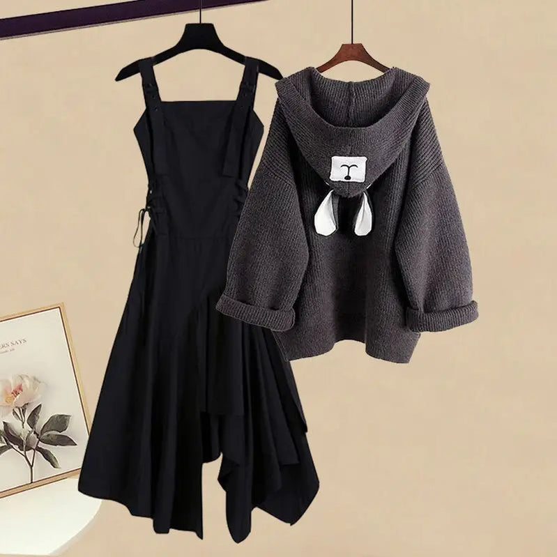 Autumn/Winter New Fashion Hooded Knit Sweater Dress Two Piece Suit Women's Korean Elegant Cardigan Strap Skirt Matching Set Set 04