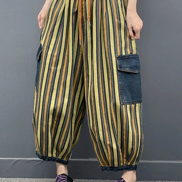 Spring Womens Fashion Striped Denim Wide Leg Pants Ladies Classic Loose Vintage Casual Jeans Females Punk Trousers