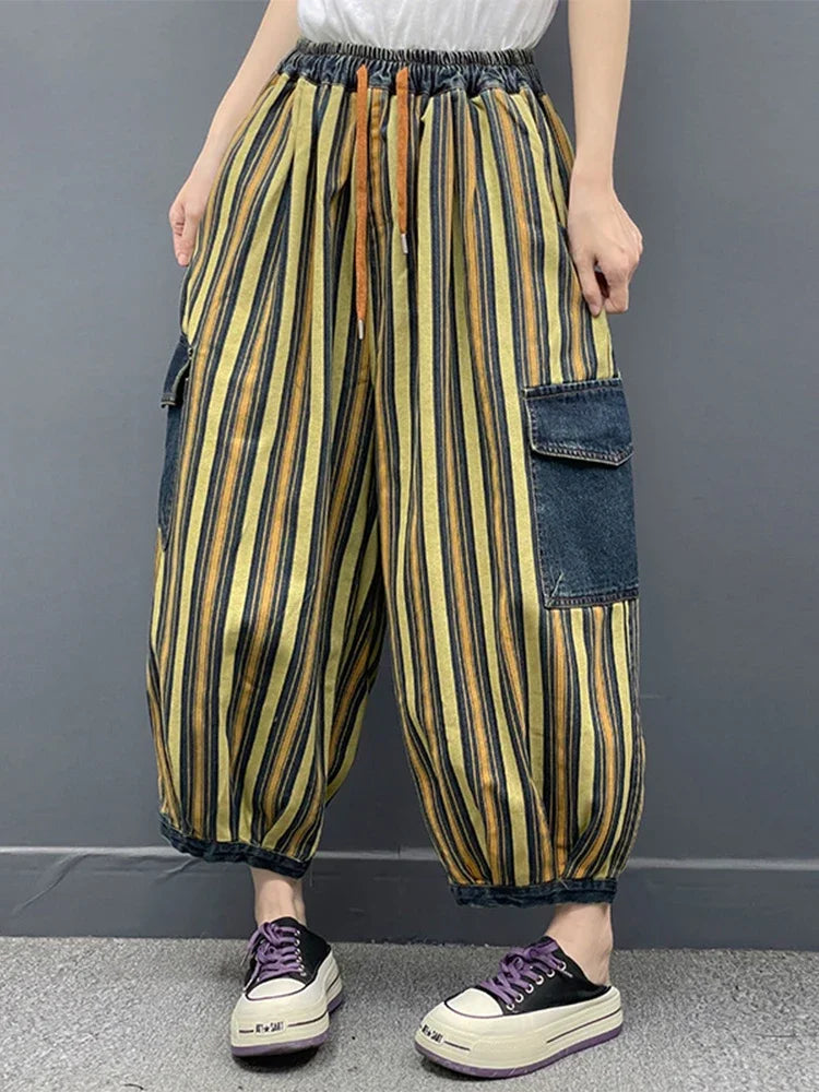 Spring Womens Fashion Striped Denim Wide Leg Pants Ladies Classic Loose Vintage Casual Jeans Females Punk Trousers