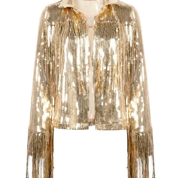 Tassel Sequin Jacket Autumn Winter Streewear Rock Bf Retro Long-sleeved Silver Reflective Coat Women Outwear Tops