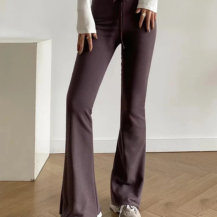 Women Leggings Gray Tie Up Elastic Sweatpants Flared Legging High Waist Pants Slim Casual Sports Black Pants Knitted Trousers