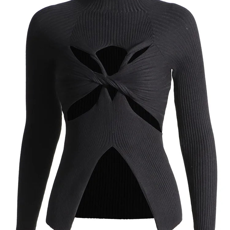 Slimming Crisscross Hollow Out Knitting Sweaters For Women Round Neck Long Sleeve Solid Casual Chic Sweater Female