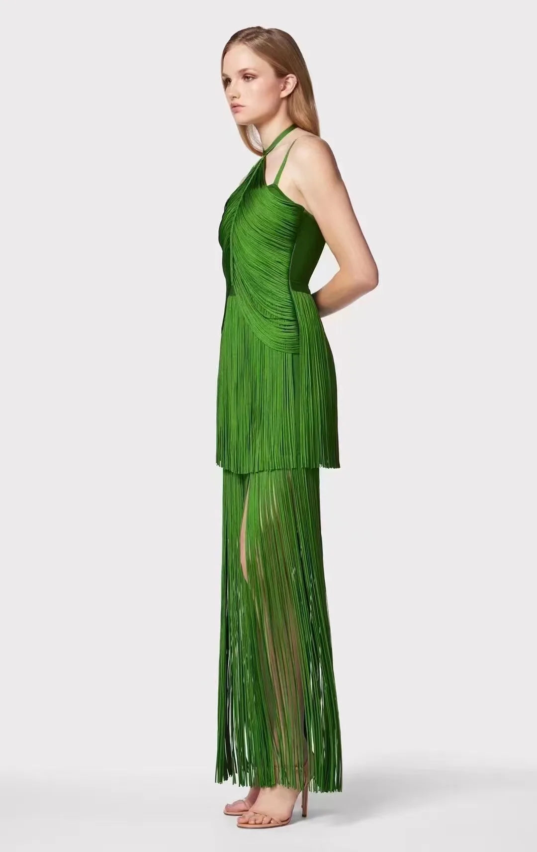 Women Celebrity Luxury Sexy Backless Tassel Green Ankle Length Bodycon Bandage Dress 2024 Elegant Evening Club Party Outfit