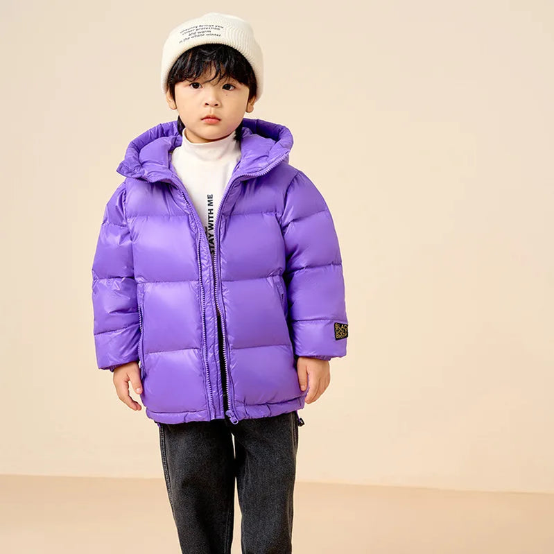 Kids Warm Down Bread Jackets For Boys Girls Fashion Teenage Solid Hooded Parka Snowsuits Winter Children Outerwear Overcoat Purple