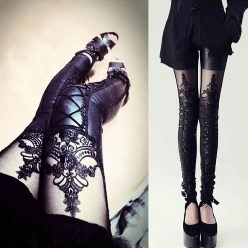 Stylish Sexy Women Faux Leather Gothic Punk Leggings Pants Skinny Lace Pants Imitation Pants Nine-point Leather Belt Trouse