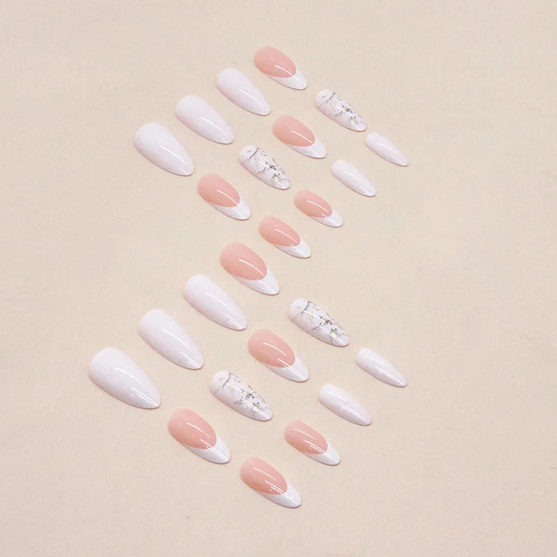 24pcs White French Gold Messy Lines Press on Nails Almond Simple Pink Fake Nails Full Cover Wearable False Nails