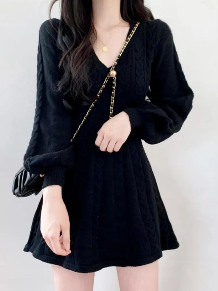 Knit Knitted Sweater Mini Dress Women Casual Lantern Sleeve Short Dresses Autumn Winter V-neck Outfits Female