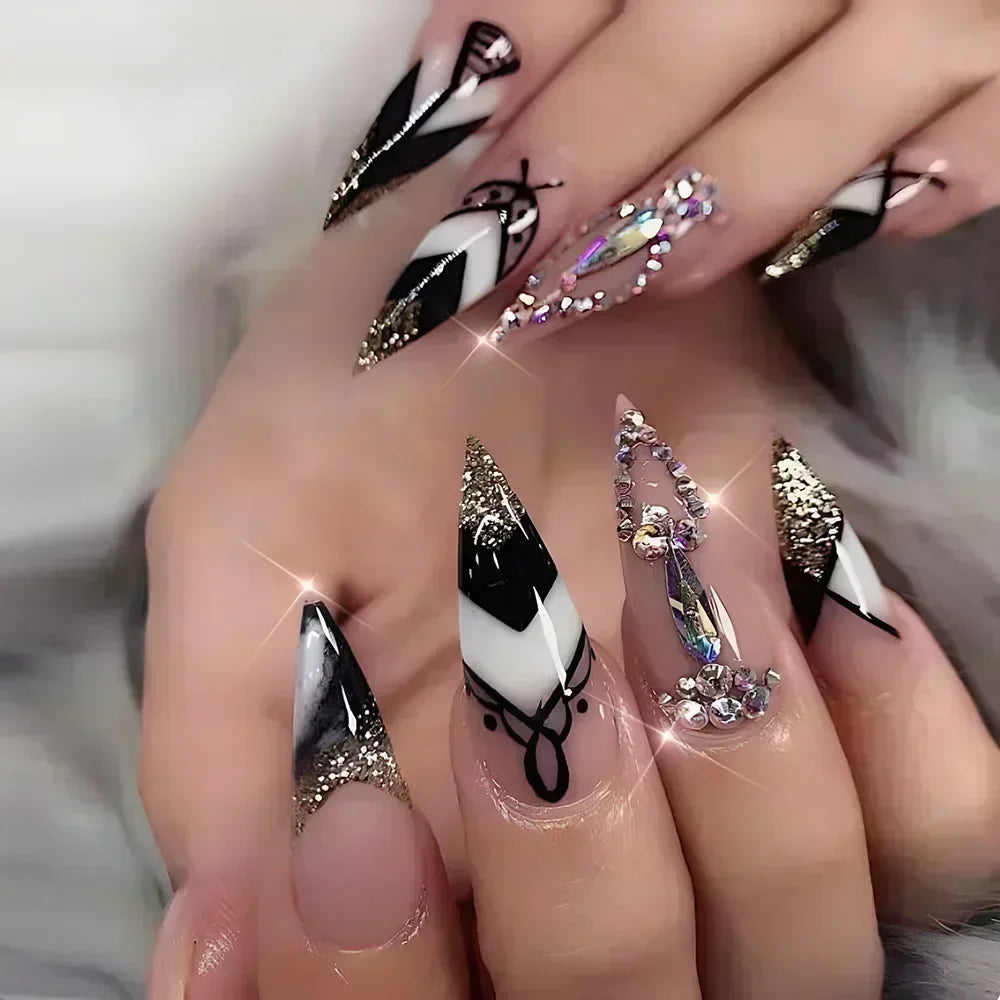 24 peças unhas postiças com cola amêndoa preto vermelho gradiente design destacável strass acrílico unha postiça longa stiletto unhas de pressão