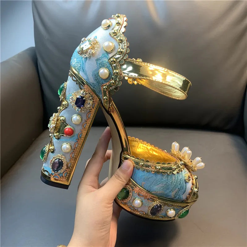 Women Chunky High Heels Shoes Platform Sandals For Women Rhinestone Metallic Gold Leather Shoes Woman Peep Toe Wedding Shoes