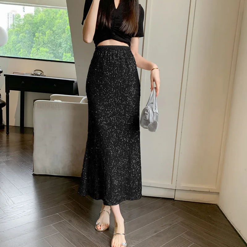 New Heavy Industry Sequins Fish Tail Skirt for Spring/summer Luxury Sexy High Waisted Slimming Hip Pack Long Mermaid Skirt Black 5141