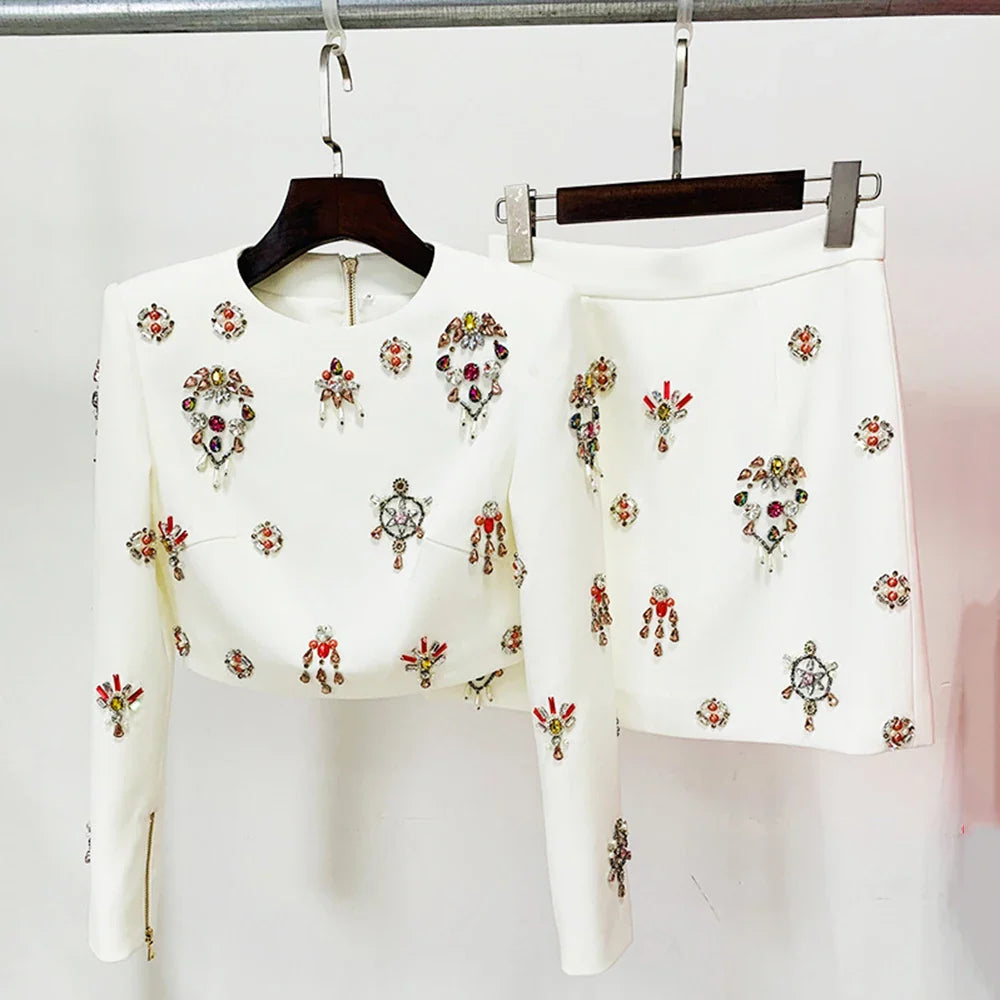 Ailigou 2023 New Autumn Women's High Quality Fashion Sexy Luxury Colorful Diamond Bead Short Top+Dress Black Two Piece Set WHITE