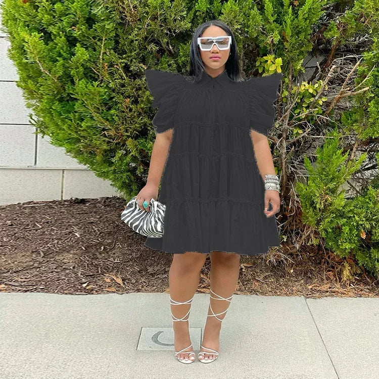 CM.YAYA Elegant Women Puff Short Sleeve Smock Dress  2022 Summer Chic Big Swing Loose Turn-down Neck Sundress Vestidos