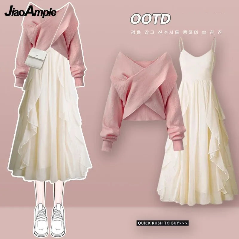 Women's Spring Autumn Fashion Cross Knitted Sweater+Strap Dress Two Piece Korean Elegant New in Matching Set Femlae Skirt