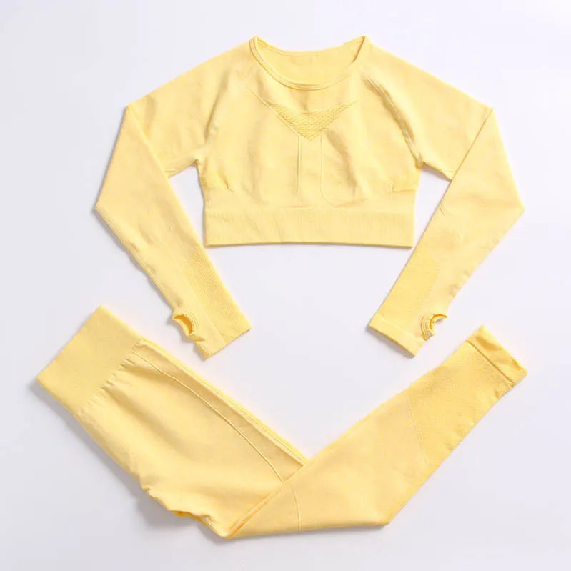 2PCS Seamless Women Sports Suits Yoga Set Workout Sportswear Gym Clothing Fitness Long Sleeve Crop Top High Waist Leggings ShirtsPantsYellow