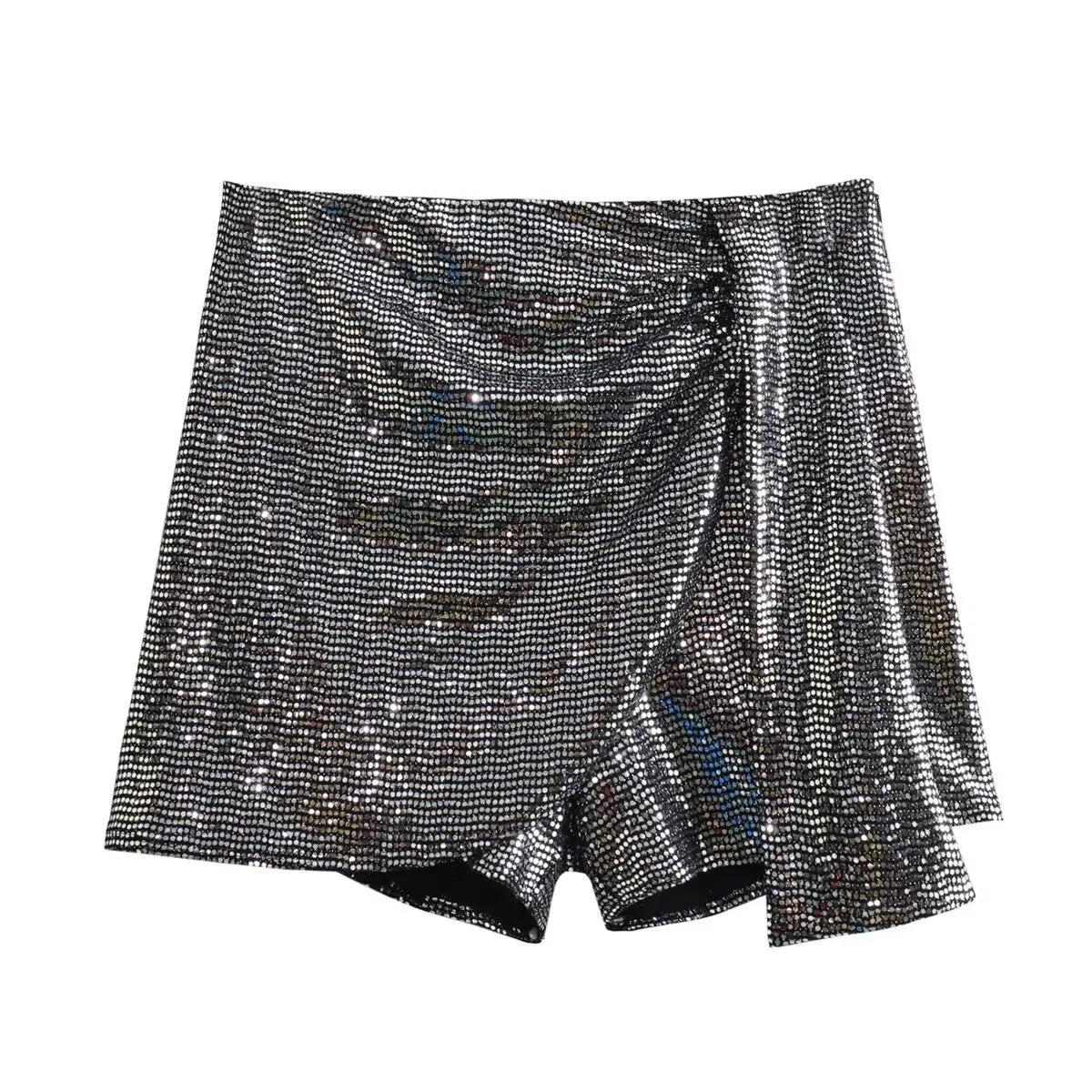 TRAF New Women Black Sequins Mini Skirts High Waist Slim Fit Skirt For Women Lace Up Y2k Vintage Chic Skirt Streetwear silver