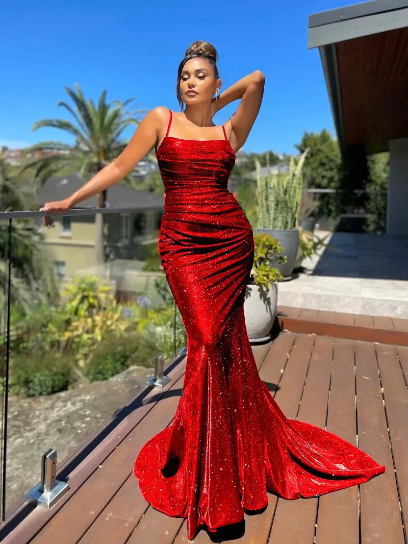 Summer Women's Sleeveless Suspender Shine Long Length Fishtial Maxi Dress Slim Female Party Dresses Vestido Plus Size 10xl Red