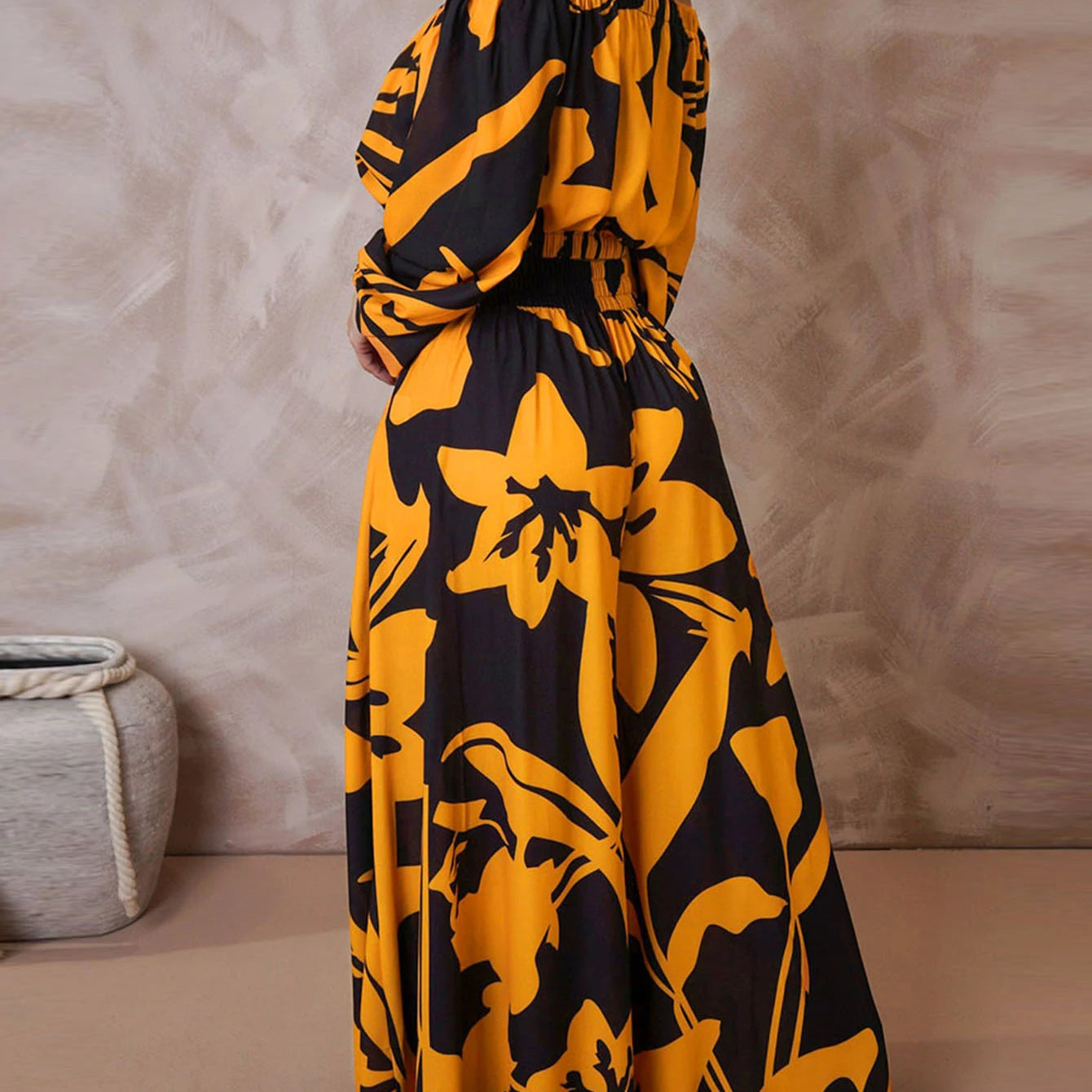 LW Plus Size Elegant Two pieces sets Off The Shoulder Floral Print Pants Set long sleeve color contrast Top + loose pants sets