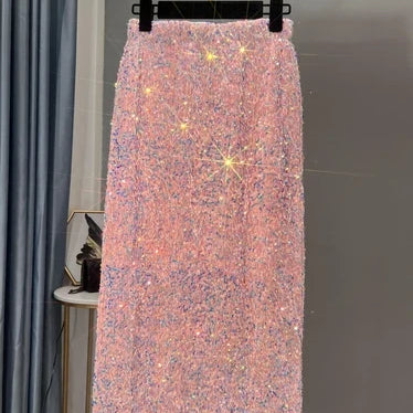 French High-waisted Slim Skirt High-quality Shiny All-match Mid-length Thickened Hip Skirt Split Black Sequin Skirt Women powdered gold