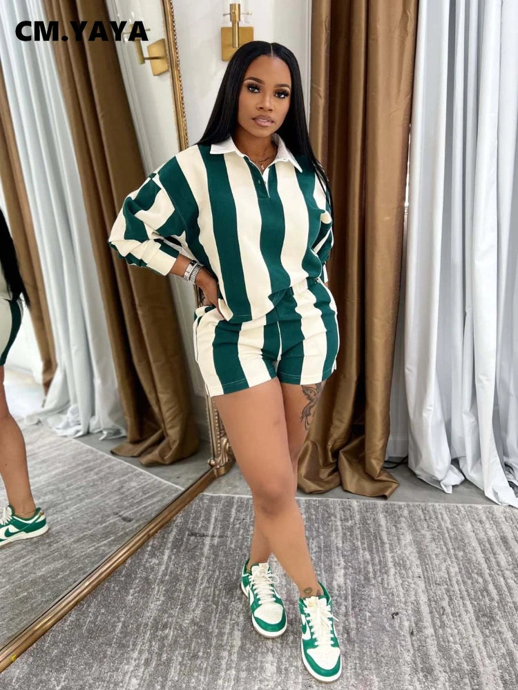 CM.YAYA Striped Women's Set Pleated full Sleeve Turn-down Collar Polo-t-shirt and Shorts 2025 Two 2 Piece Sets Outfit Tracksuits