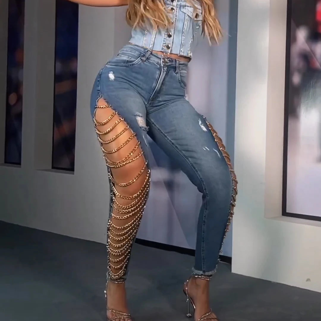 Sexy Skinny Slim Fit High Waist Jeans for Women Trendy Demin Pants Party Peach Button