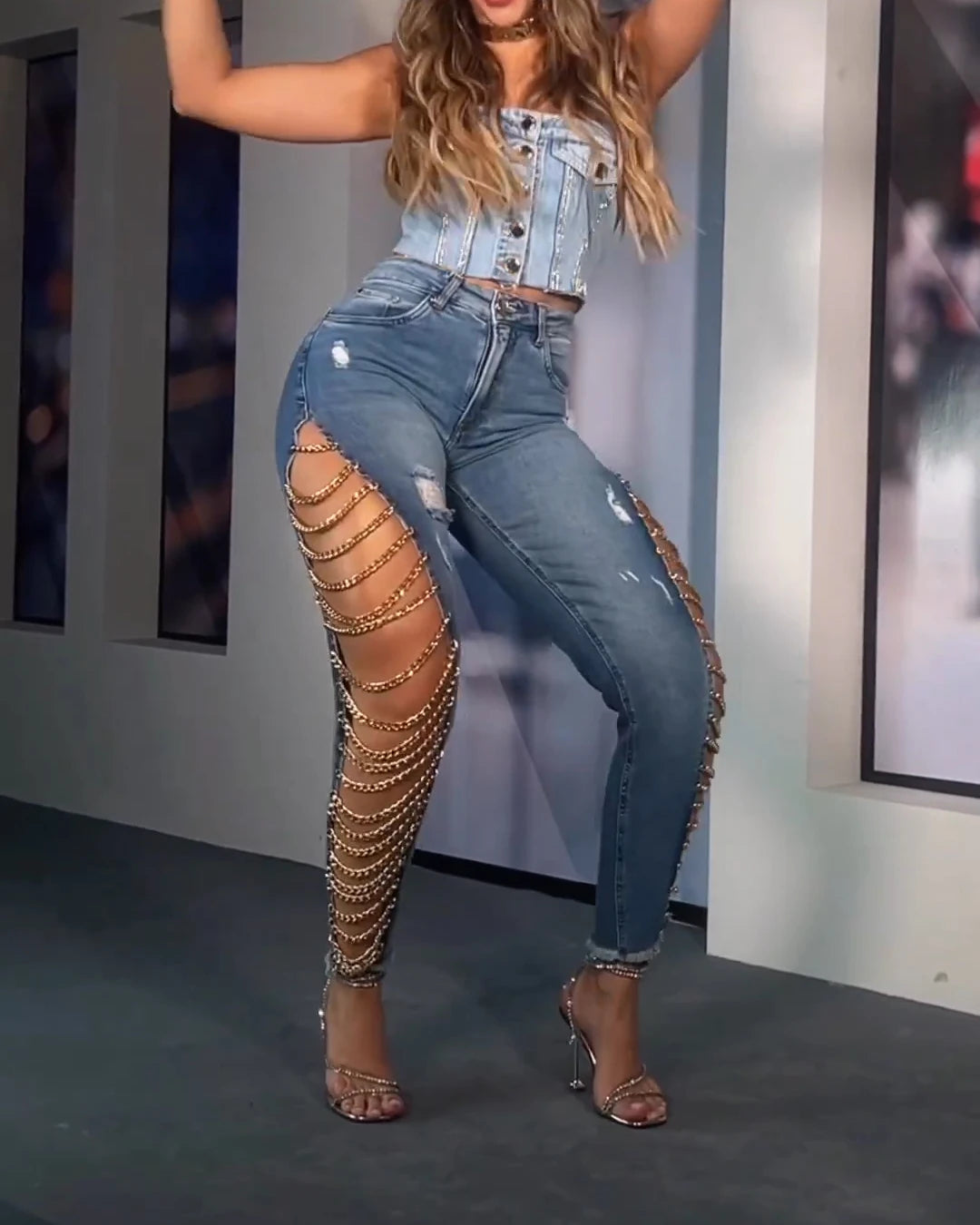 Sexy Skinny Slim Fit High Waist Jeans for Women Trendy Demin Pants Party Peach Button