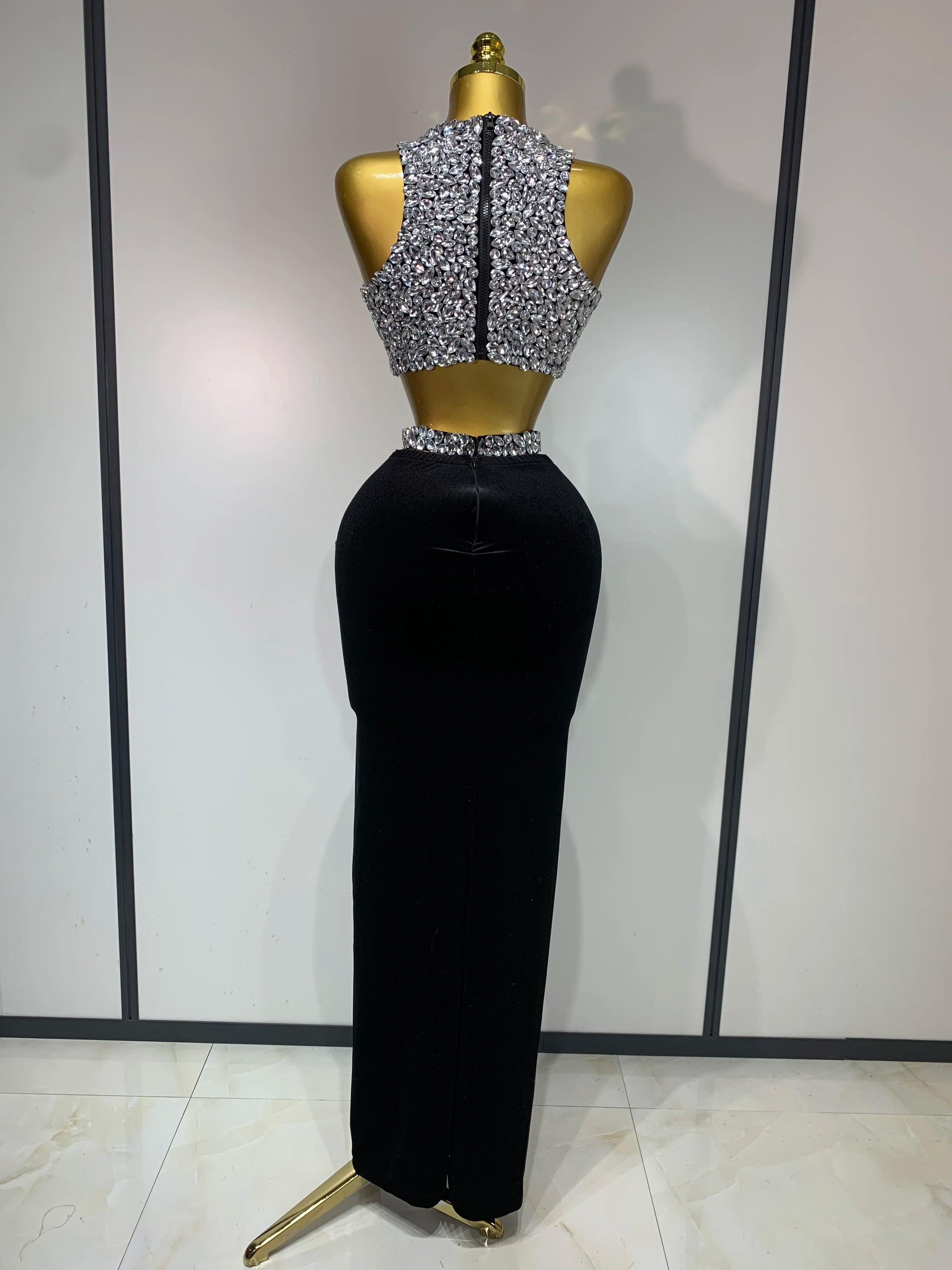 Sparkly Crystal Bodycon Long Dress 2025 Women Sexy Crop Top 2 Pieces Set Nightclub Elegant Party Performance Stage Costume