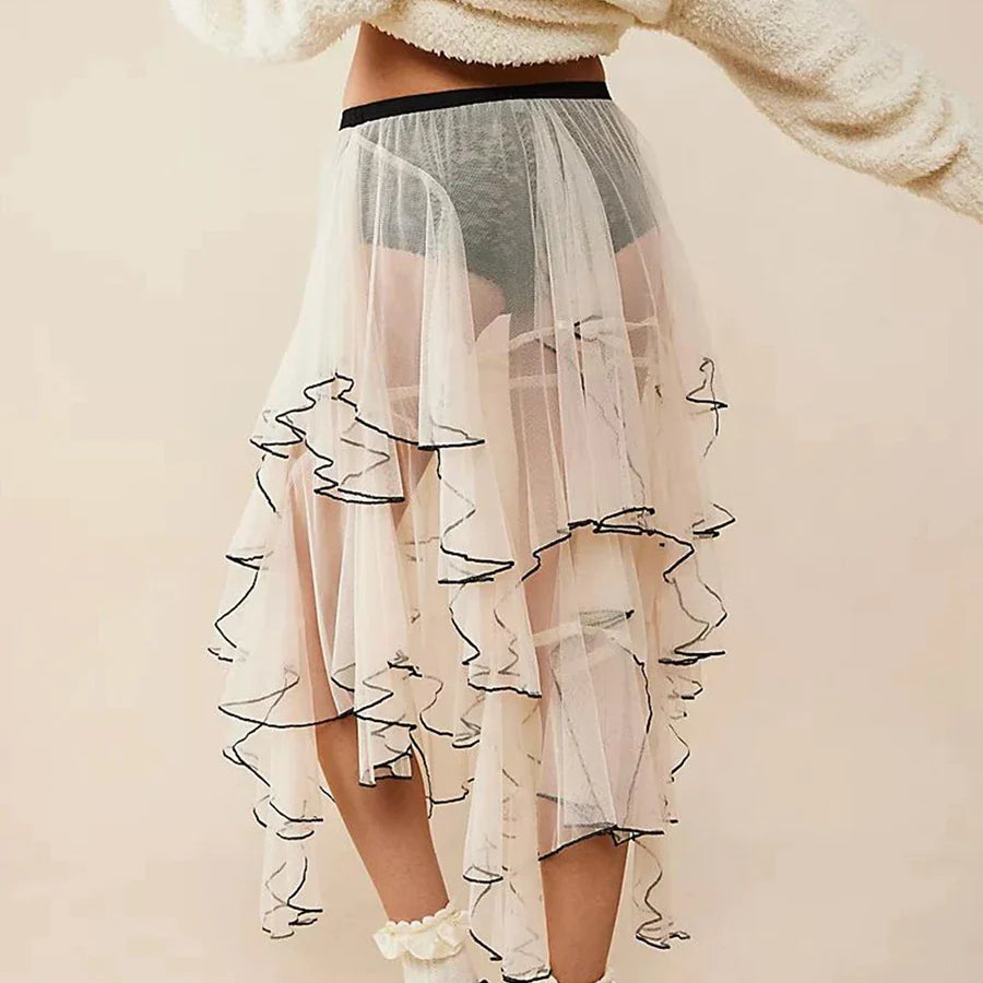 Women Lace Long Skirt Mesh Sheer High Waist Asymmetrical Hem A-line Midi Skirt Y2K Summer Beach Party Maxi Skirts Streetwear