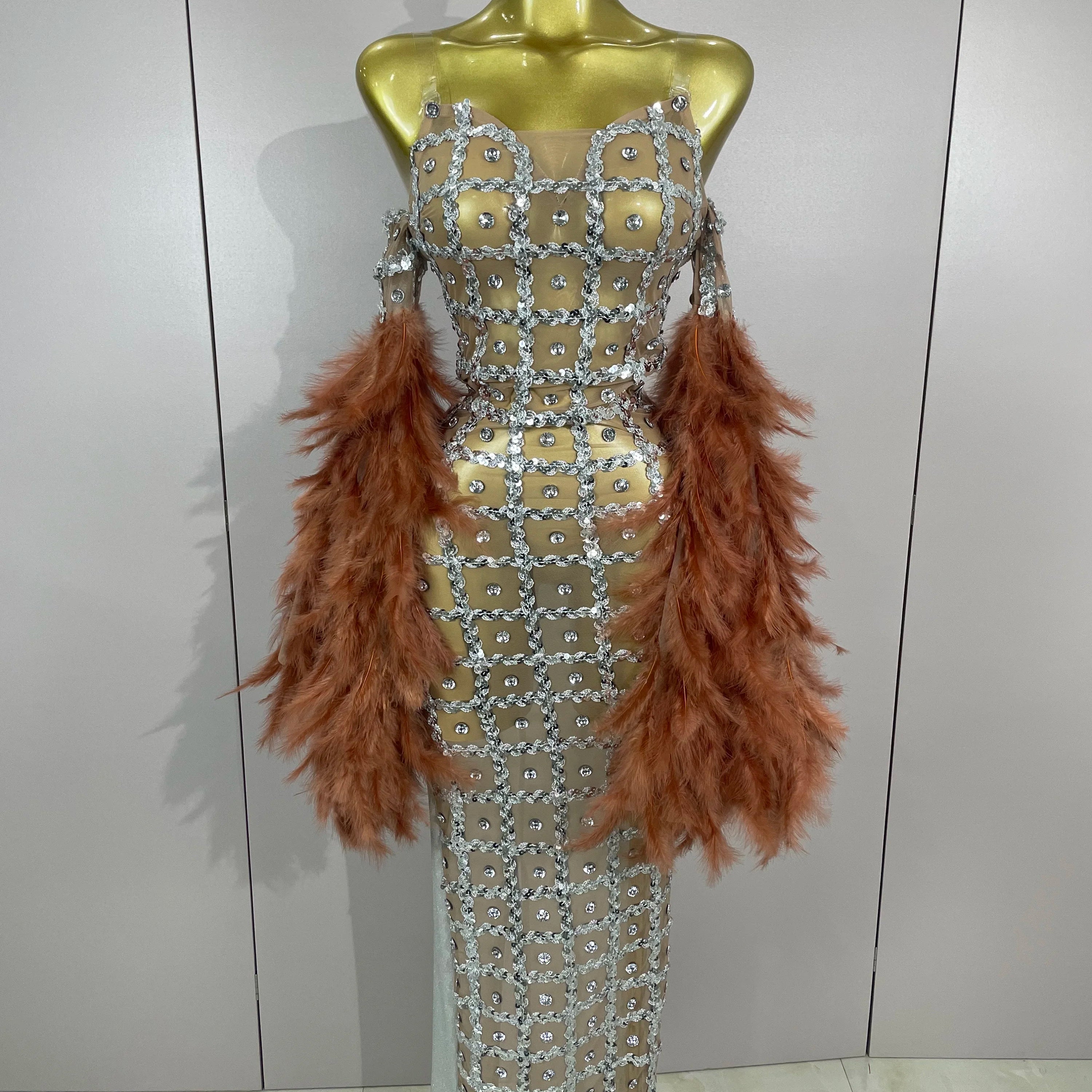 Luxury Sparkling Diamond Feather Mesh Tight Sexy Mesh Long Dress 2025 Women Birthday Party Nightclub Stage Performance Costume