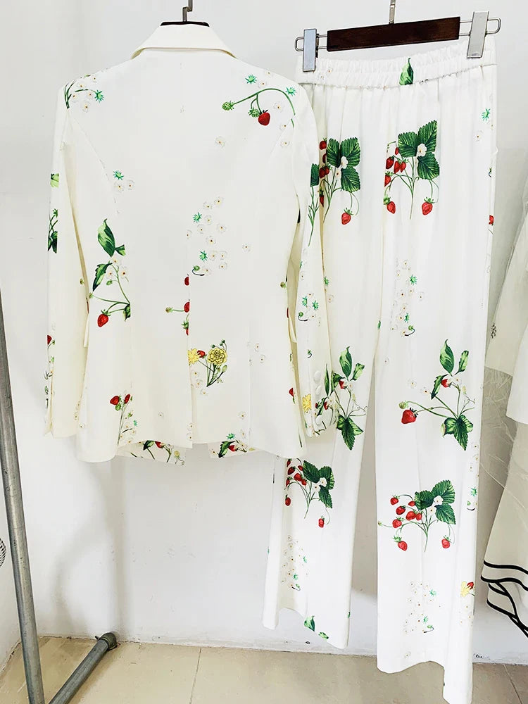HIGH QUALITY Newest Designer Runway Suit Set Women's Single Button Strawberry Floral Printed Blazer Pants Suit 2pcs