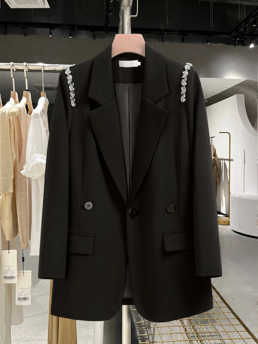 TWOTWINSTYLE Solid Loose Spliced Button Casual Jackets for Women Lapel Long Sleeves Patchwork Bead Jacket Female Fashion Clothes