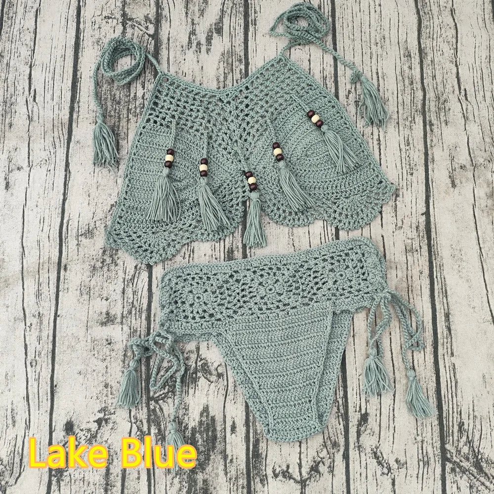 Vintage Boho Hand Crochet Bikini Set Wooden Bead Fringe Crop Swimwear Lake Blue