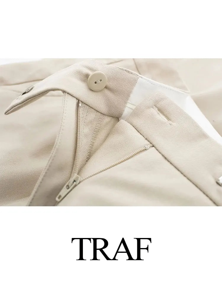 TRAF Spring Women's Fashion Beige Blazer Suit Single Breasted Jacket Women's High Waist Casual Baggy Pants 2-piece Set