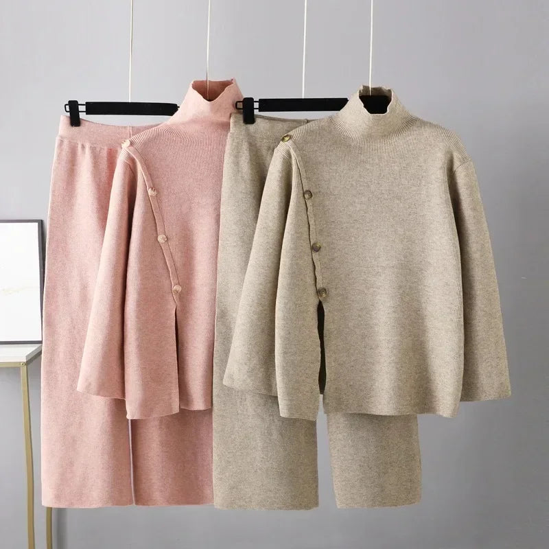 Two-piece Set Warmth Reduction Casual Wide Leg Pants Split Knit High Neck Sweater for Women's Winter