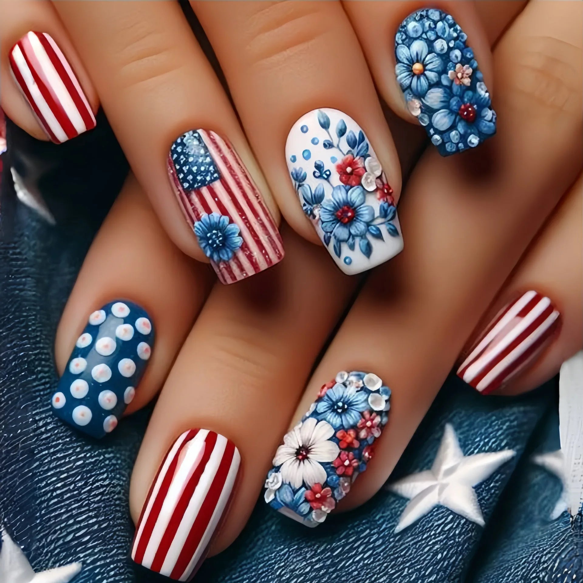 24pcs/set Short Medium square ballet fake nails tip for American Independence Day blue red flowers star flag press on false nail